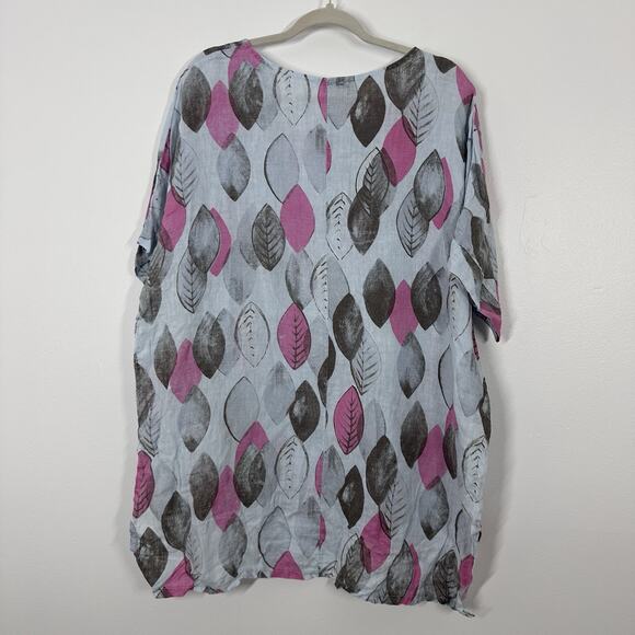 Unbranded 100% Linen Blue Leaf Print Short Sleeve High Low Tunic Top Breathable - Picture 5 of 5